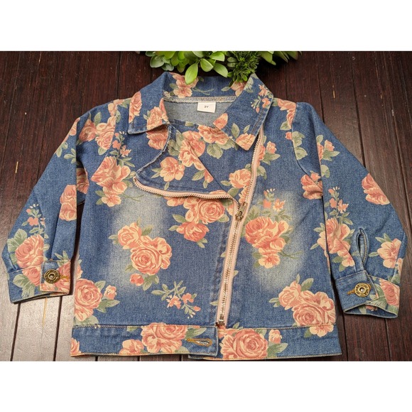 Retro 90's Pink Floral Zip Front Jean Denim Jacket Little Girls Kids Size 3T Blu - Picture 2 of 3